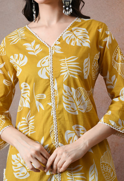 Mustard Yellow Leaf Print Cotton Co-ord Set – Kurta & Tulip Pant Set