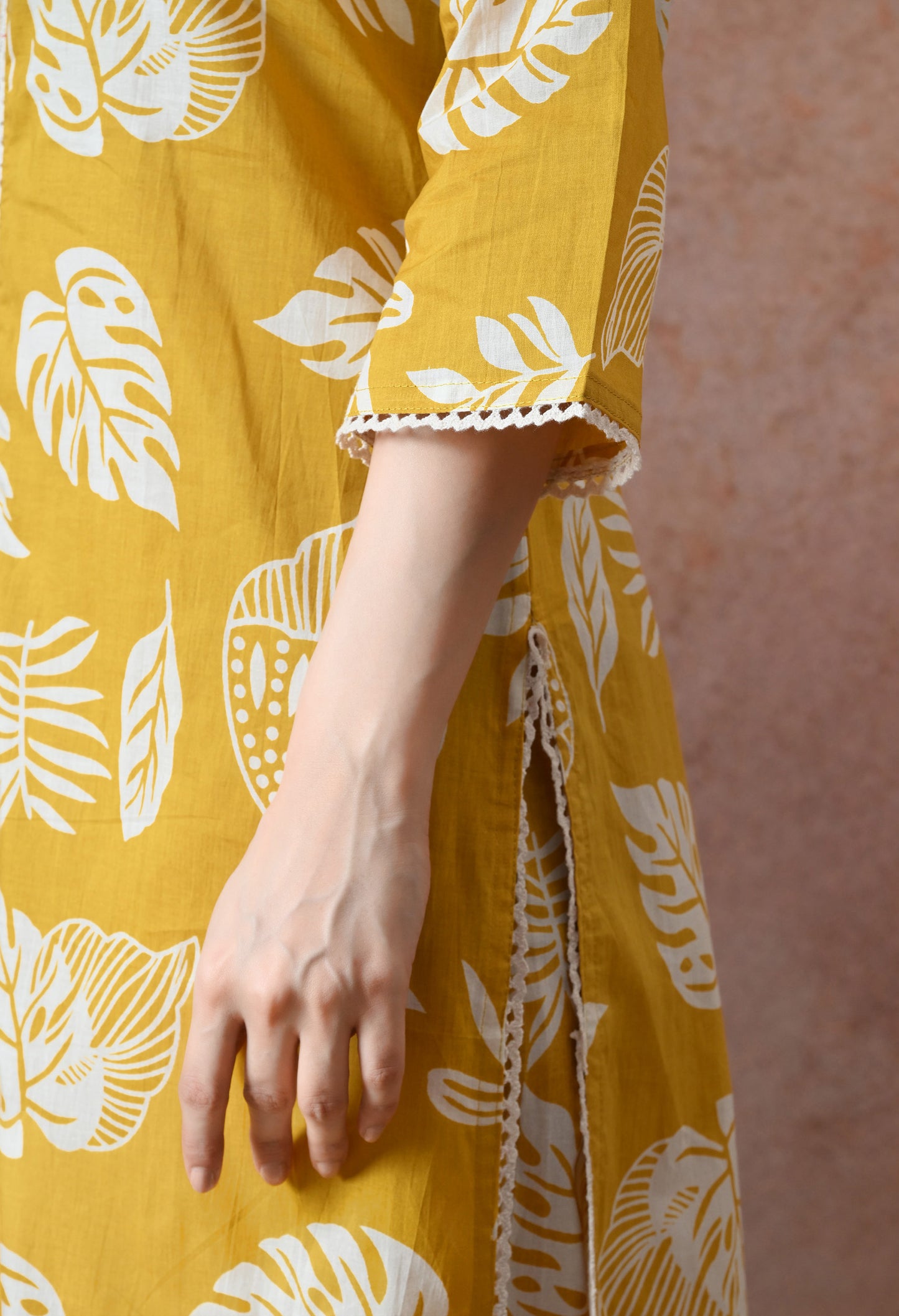 Mustard Yellow Leaf Print Cotton Co-ord Set – Kurta & Tulip Pant Set