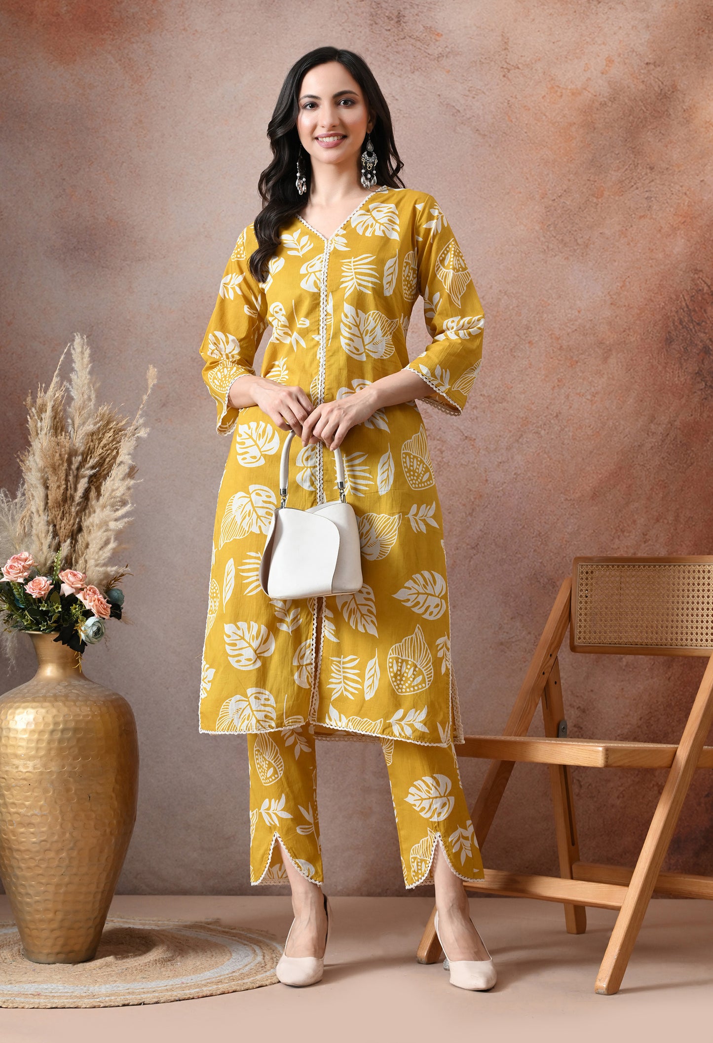 Mustard Yellow Leaf Print Cotton Co-ord Set – Kurta & Tulip Pant Set