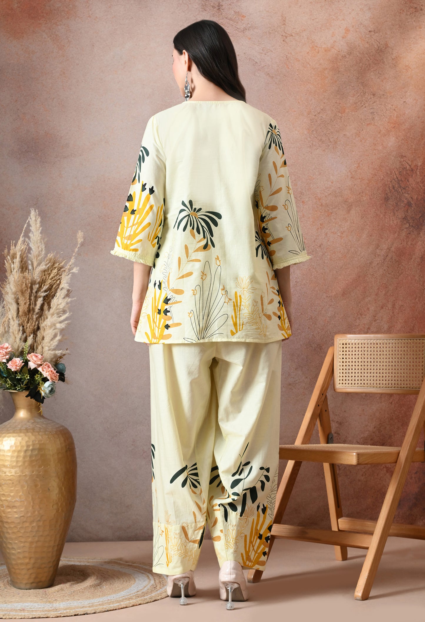 Pale Yellow Floral Printed Cotton Co-ord Set – Farshi Salwar Ethnic Wear