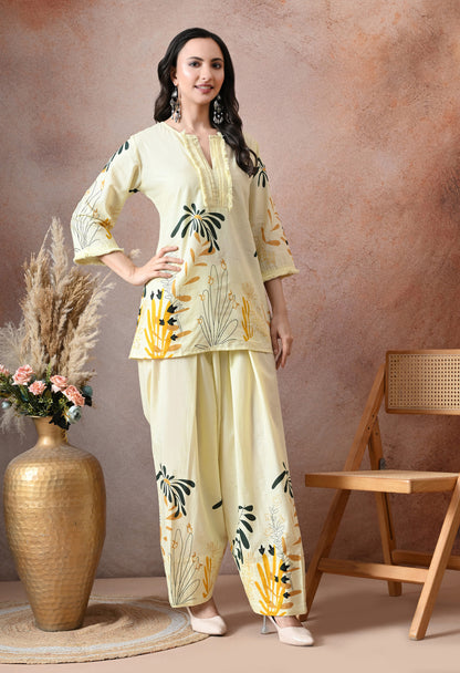Pale Yellow Floral Printed Cotton Co-ord Set – Farshi Salwar Ethnic Wear