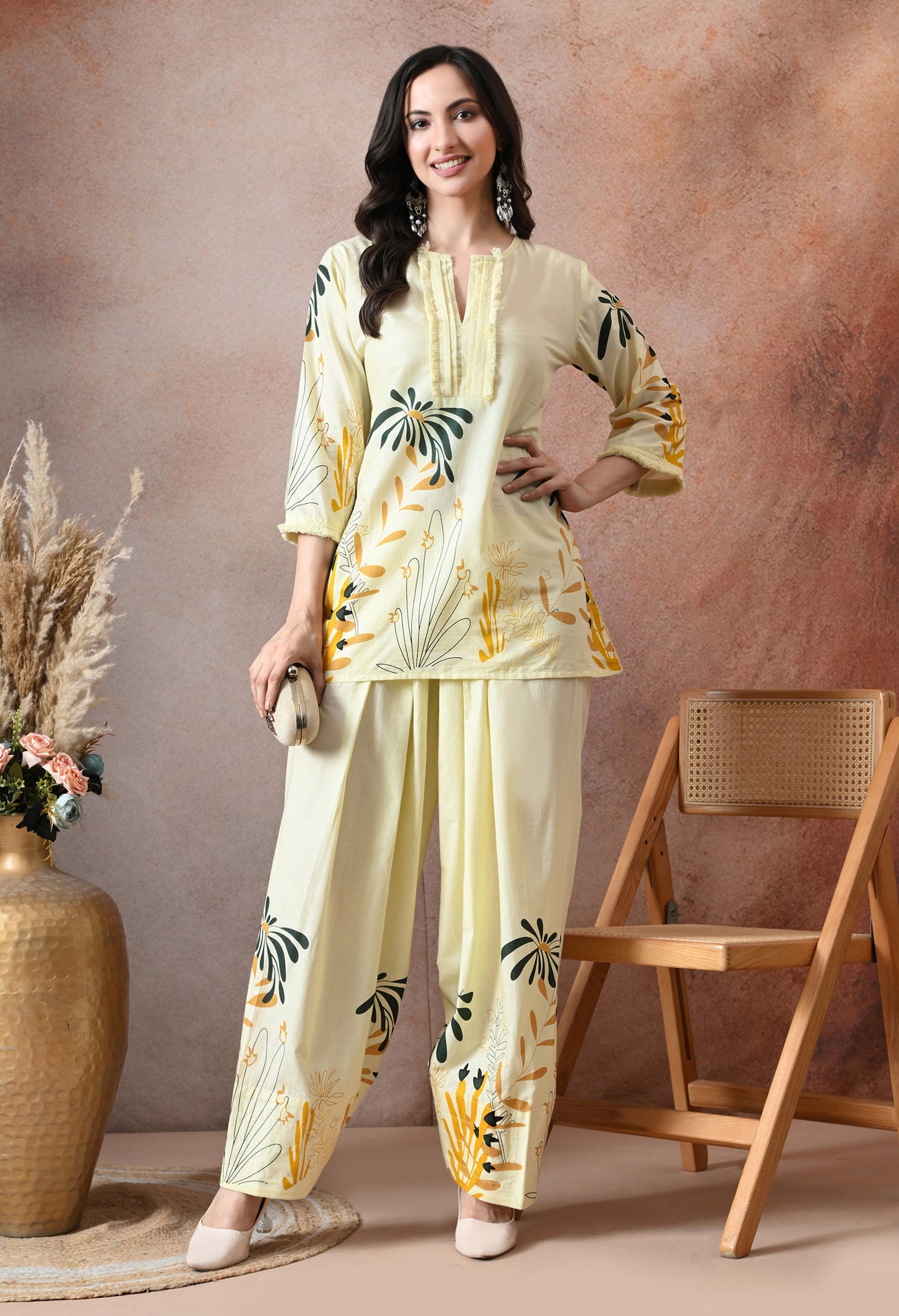 Pale Yellow Floral Printed Cotton Co-ord Set – Farshi Salwar Ethnic Wear