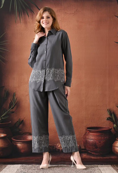 The Stone Grey Tribal Embroidered Co-ord Set