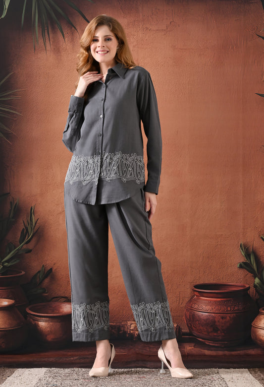 The Stone Grey Tribal Embroidered Co-ord Set