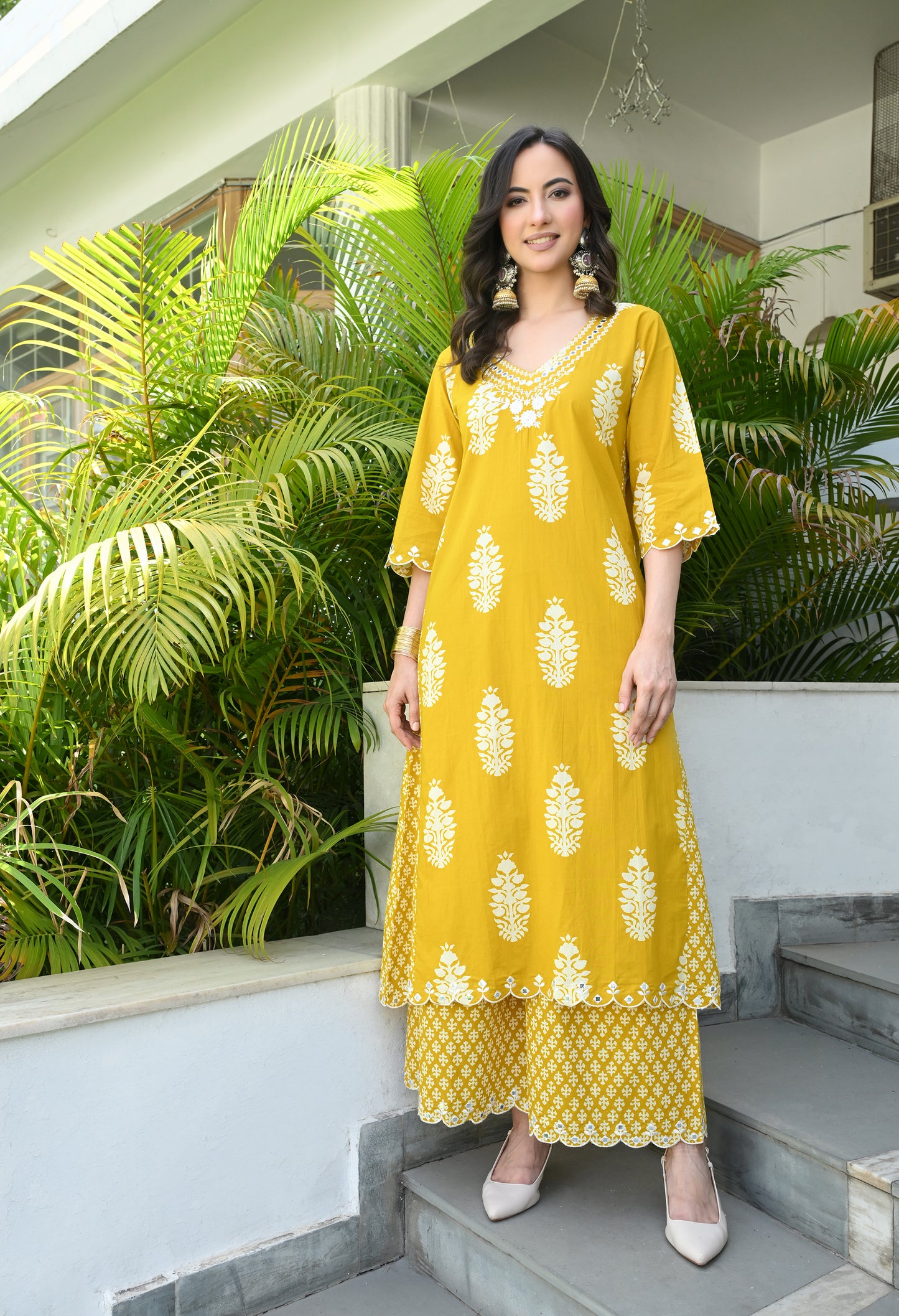 Mustard Yellow Floral Hand-Block Longline Tunic & Wide-Leg Trouser Set
