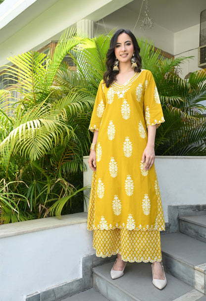 Mustard Yellow Floral Hand-Block Longline Tunic & Wide-Leg Trouser Set