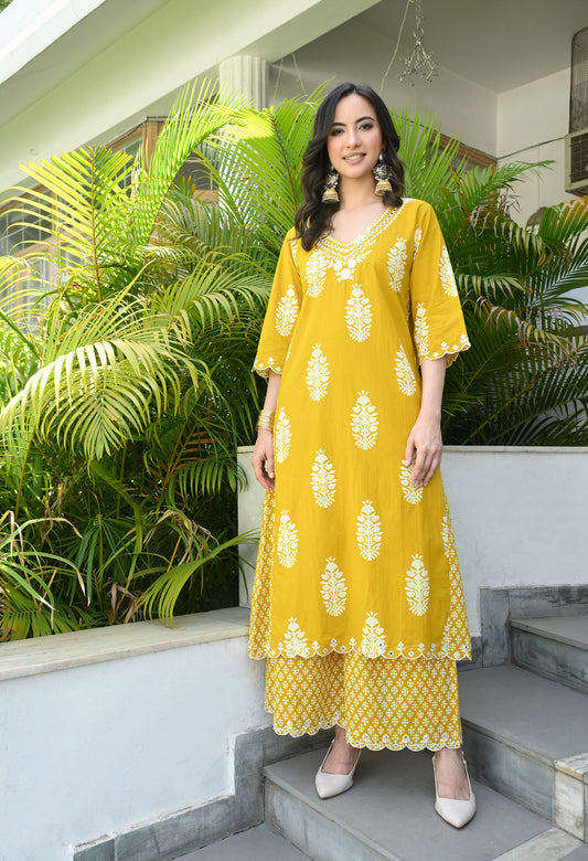 Mustard Yellow Floral Hand-Block Longline Tunic & Wide-Leg Trouser Set