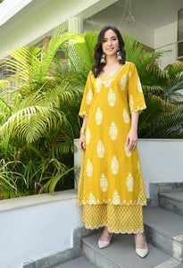 Mustard Yellow Floral Hand-Block Longline Tunic & Wide-Leg Trouser Set