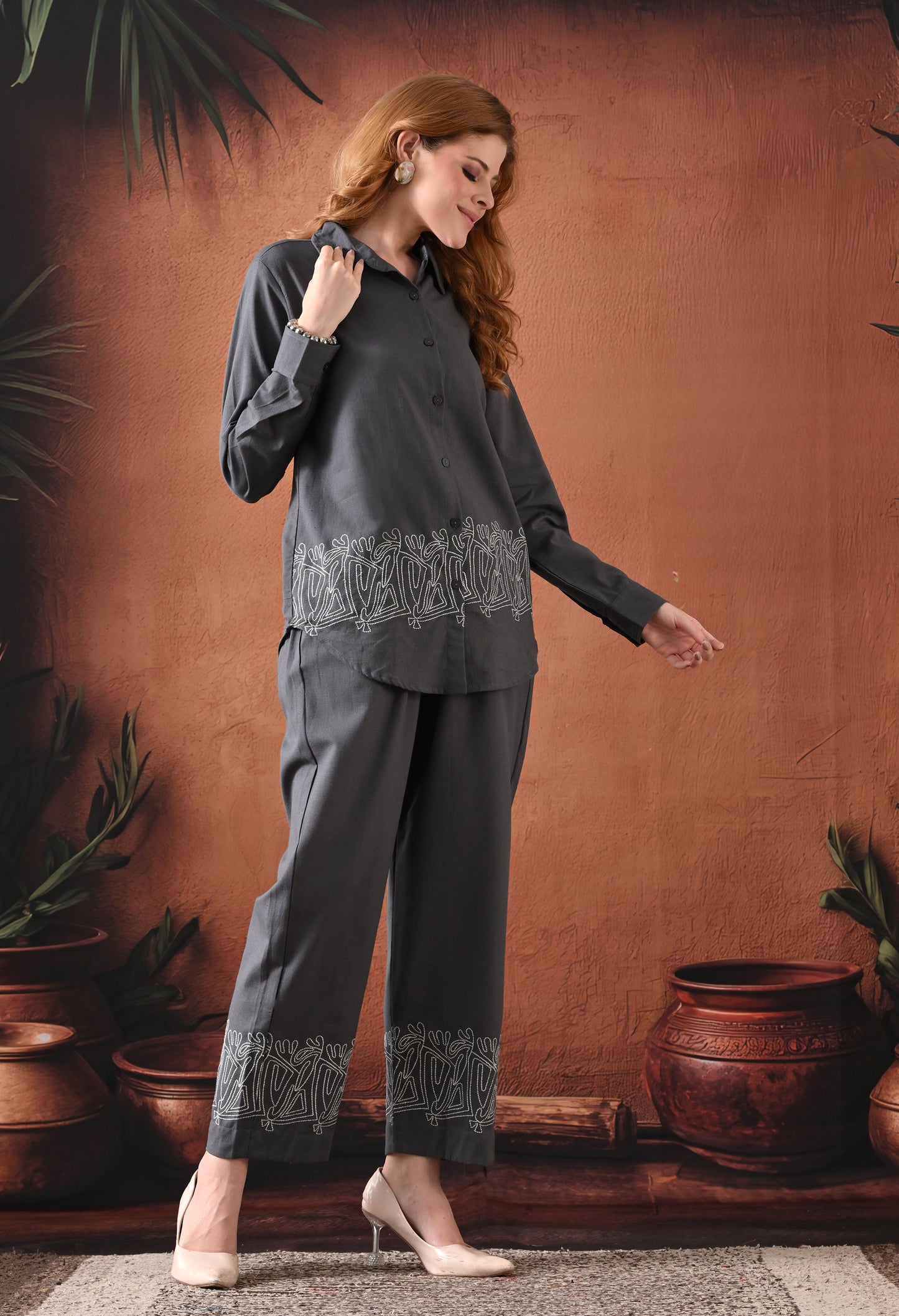 The Stone Grey Tribal Embroidered Co-ord Set