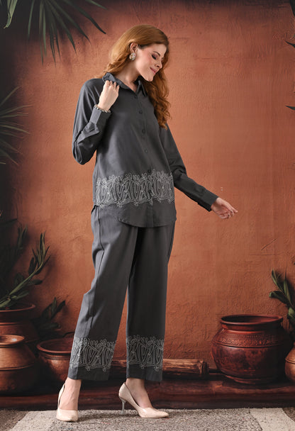 The Stone Grey Tribal Embroidered Co-ord Set