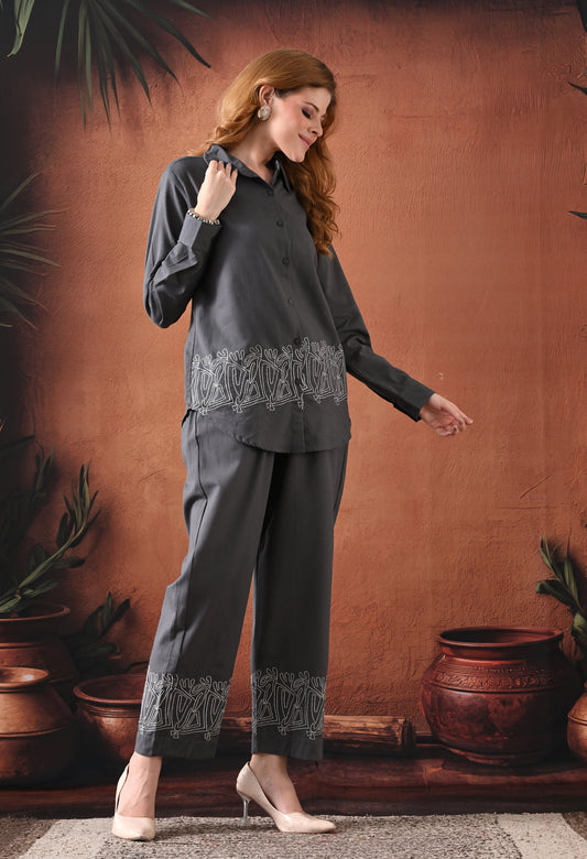 The Stone Grey Tribal Embroidered Co-ord Set