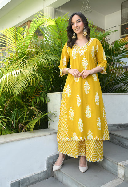 Mustard Yellow Floral Hand-Block Longline Tunic & Wide-Leg Trouser Set