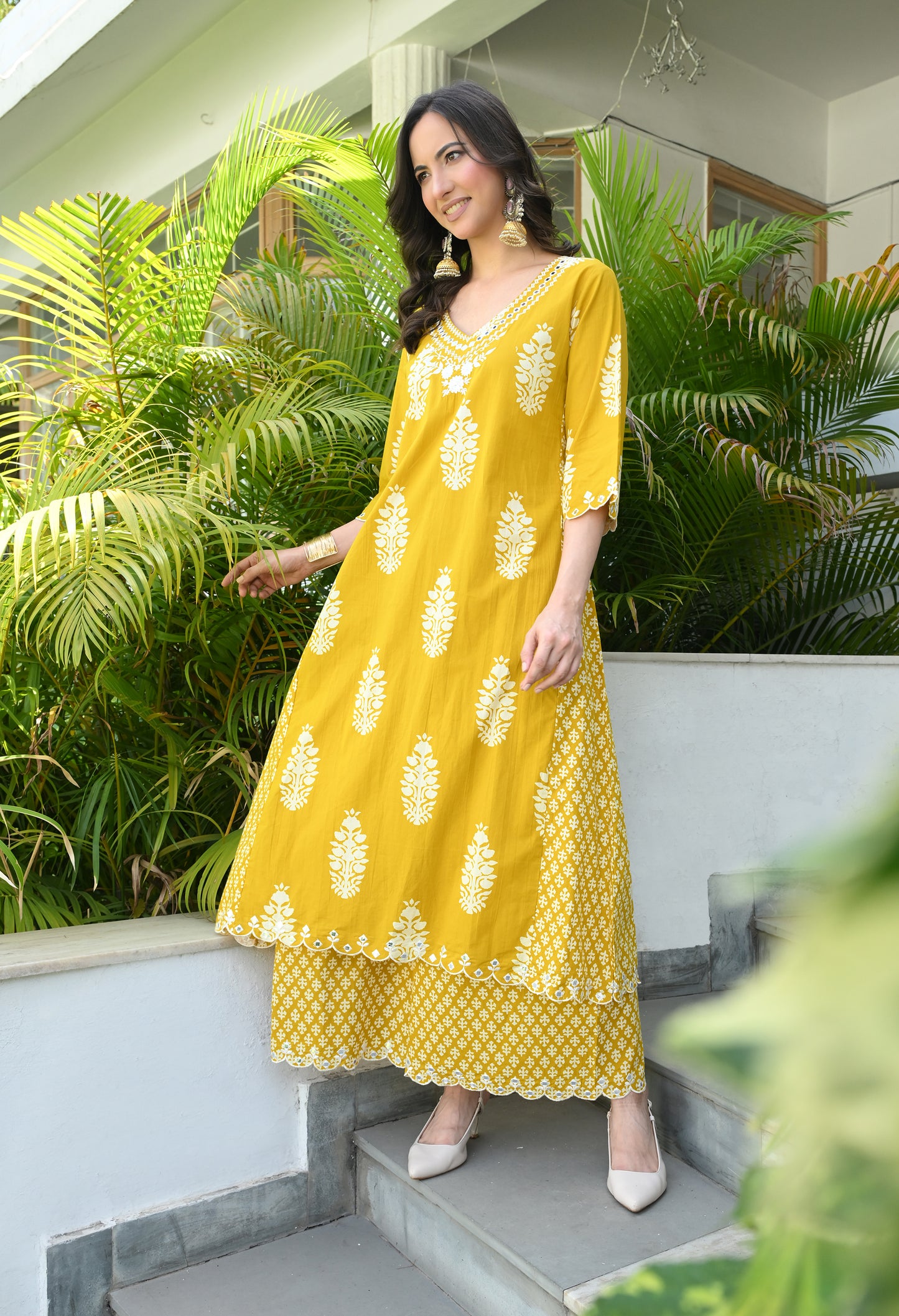 Mustard Yellow Floral Hand-Block Longline Tunic & Wide-Leg Trouser Set