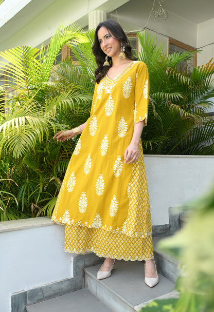 Mustard Yellow Floral Hand-Block Longline Tunic & Wide-Leg Trouser Set