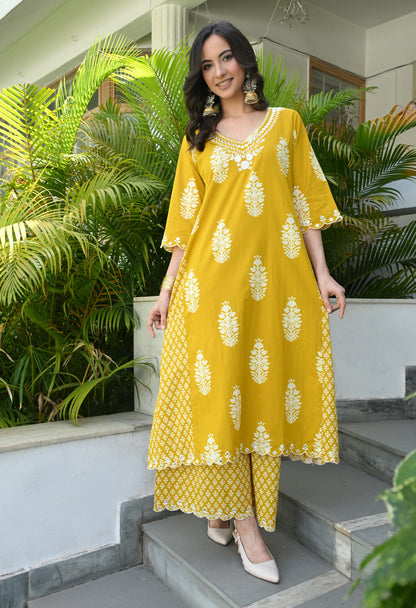 Mustard Yellow Floral Hand-Block Longline Tunic & Wide-Leg Trouser Set