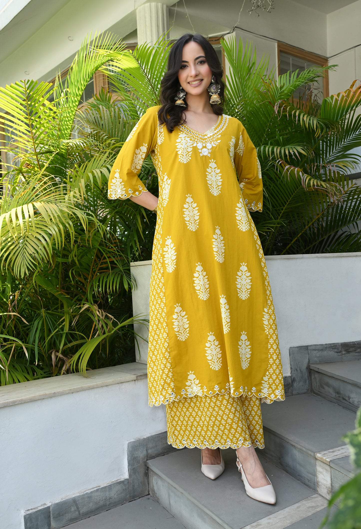 Mustard Yellow Floral Hand-Block Longline Tunic & Wide-Leg Trouser Set