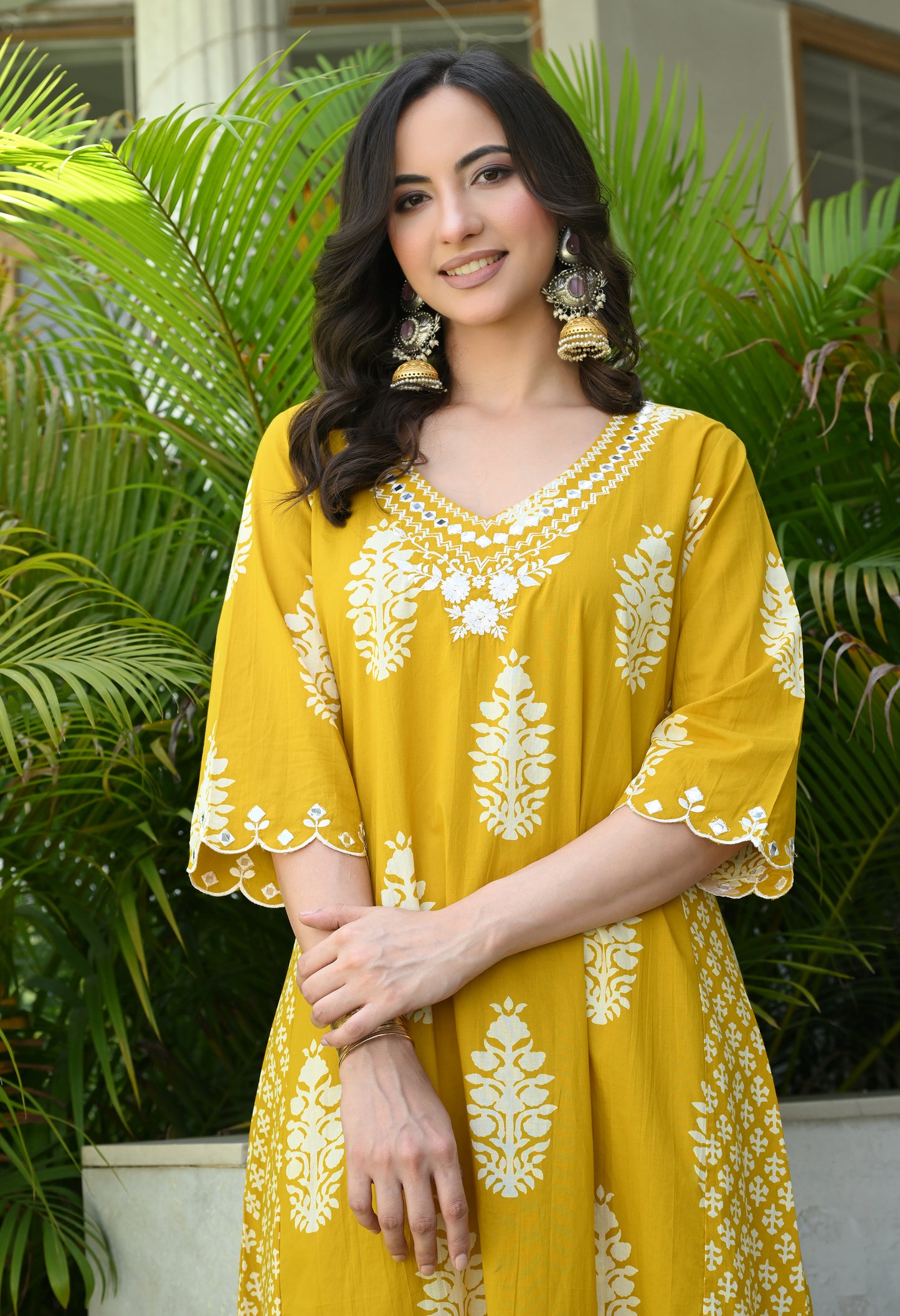 Mustard Yellow Floral Hand-Block Longline Tunic & Wide-Leg Trouser Set