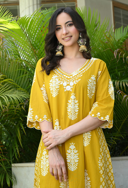 Mustard Yellow Floral Hand-Block Longline Tunic & Wide-Leg Trouser Set