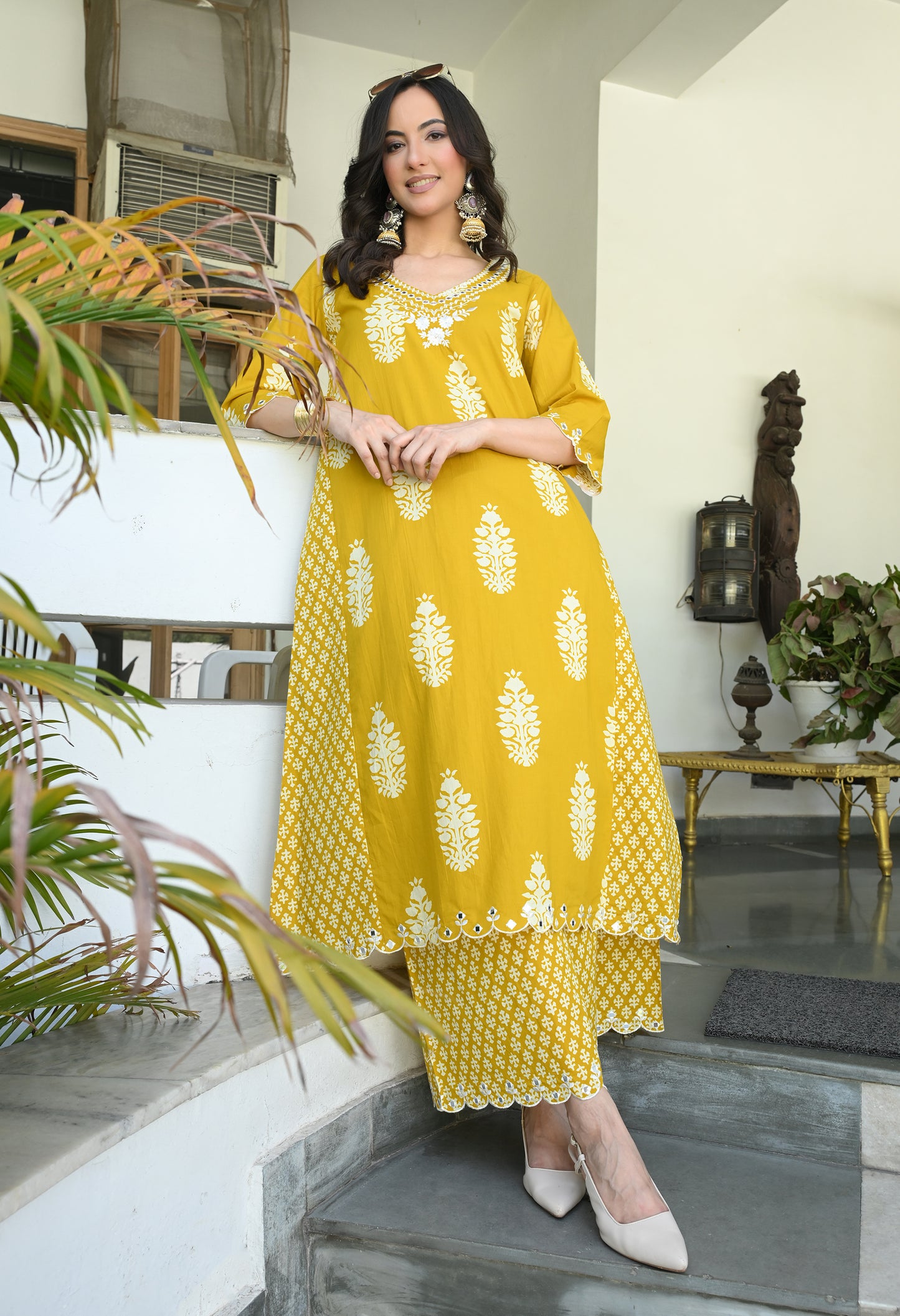 Mustard Yellow Floral Hand-Block Longline Tunic & Wide-Leg Trouser Set