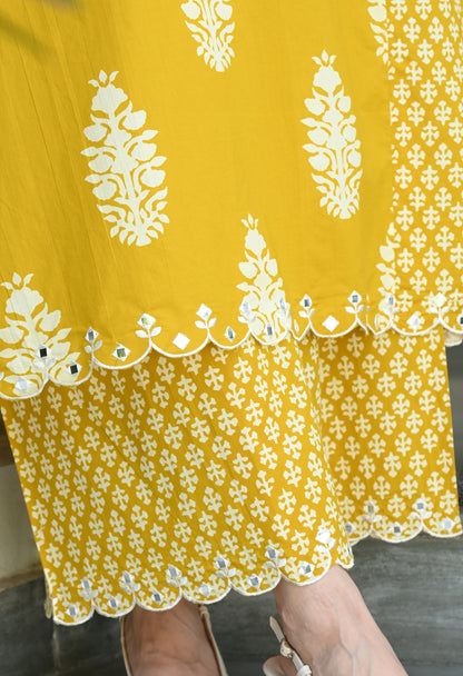 Mustard Yellow Floral Hand-Block Longline Tunic & Wide-Leg Trouser Set