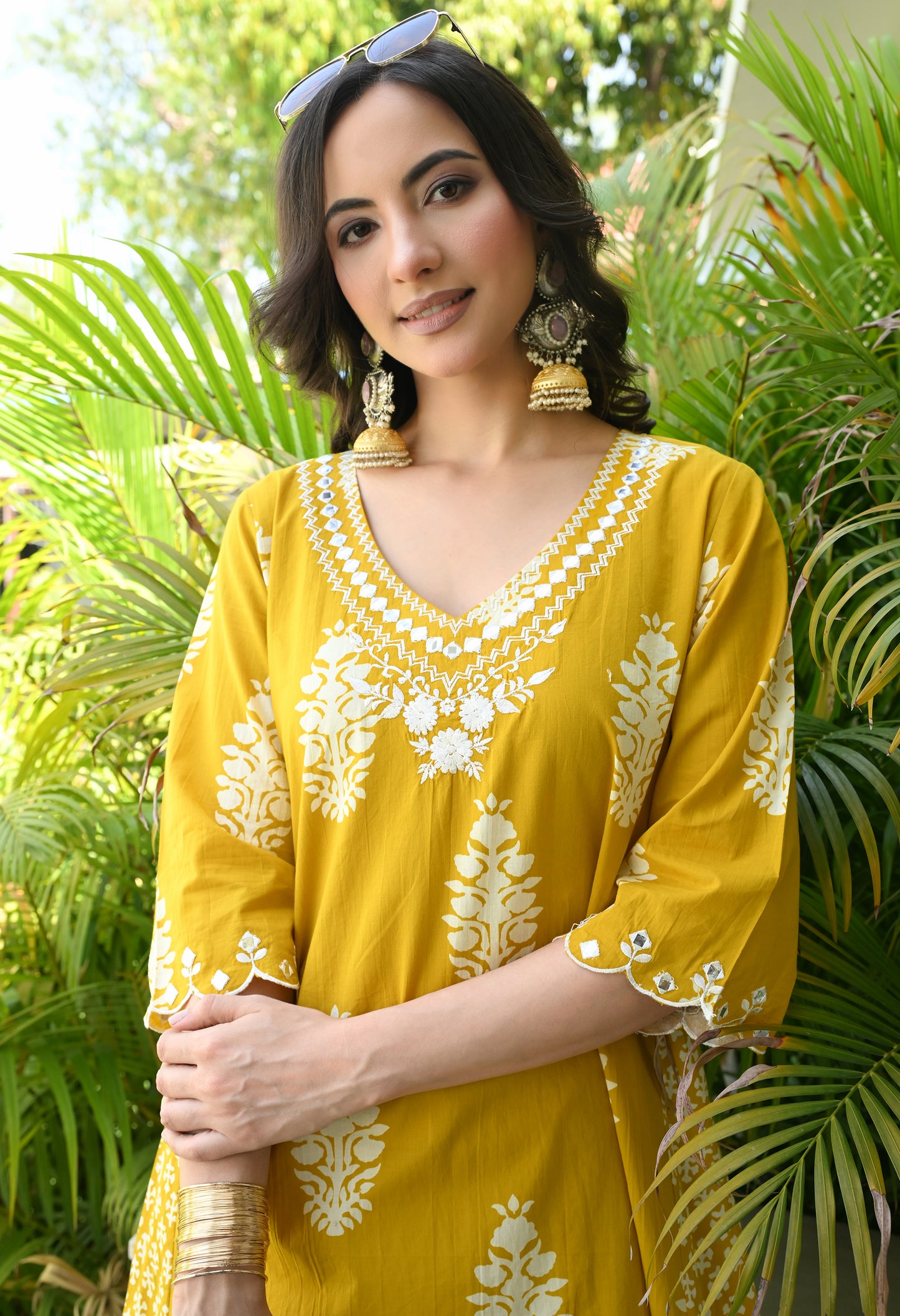 Mustard Yellow Floral Hand-Block Longline Tunic & Wide-Leg Trouser Set