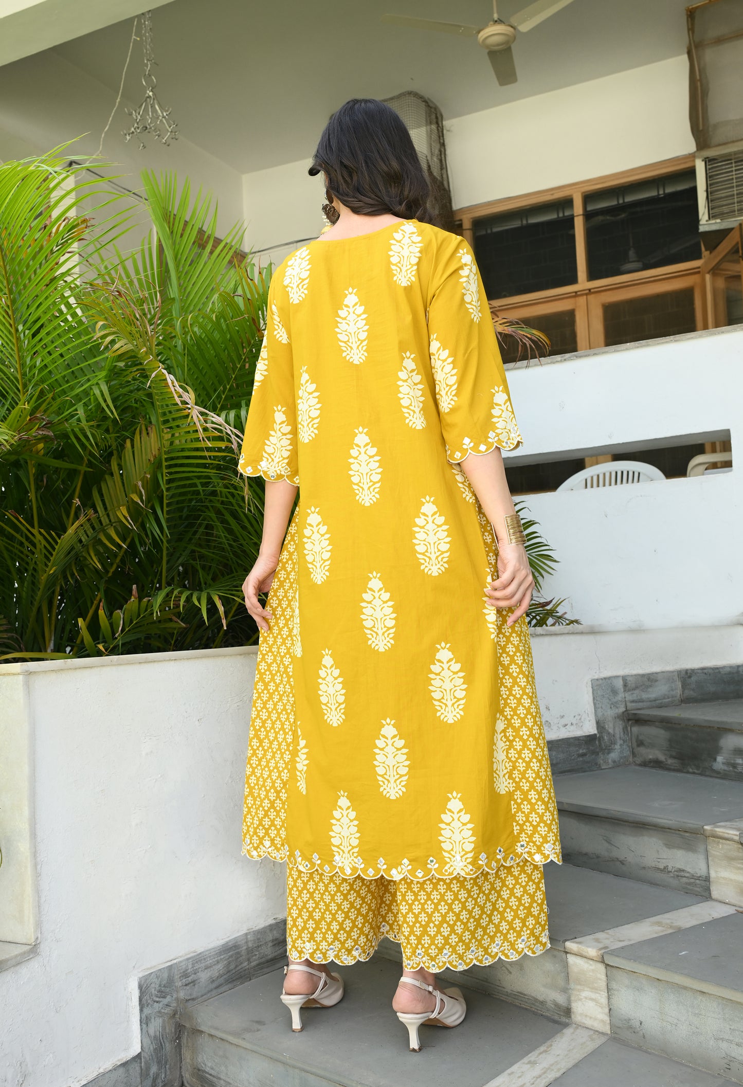 Mustard Yellow Floral Hand-Block Longline Tunic & Wide-Leg Trouser Set