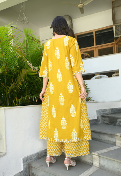 Mustard Yellow Floral Hand-Block Longline Tunic & Wide-Leg Trouser Set