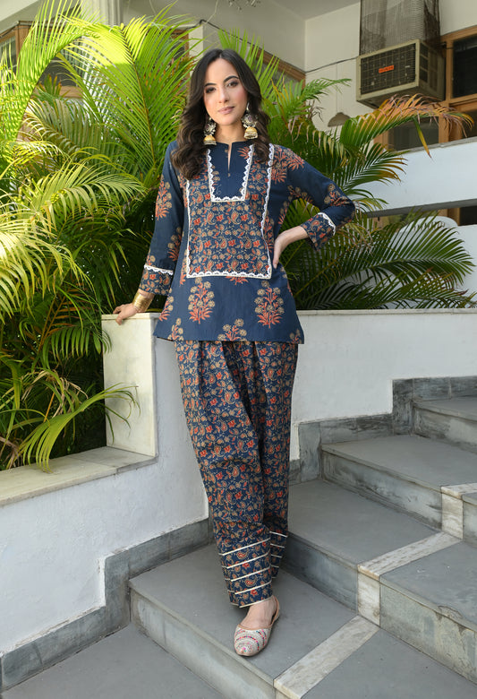 Ajrakh Blue Hand-Block Printed Cotton Co-ord Set – Farshi Salwar Ethnic Wear