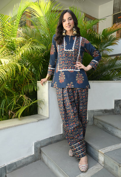 Ajrakh Blue Hand-Block Printed Cotton Co-ord Set – Farshi Salwar Ethnic Wear