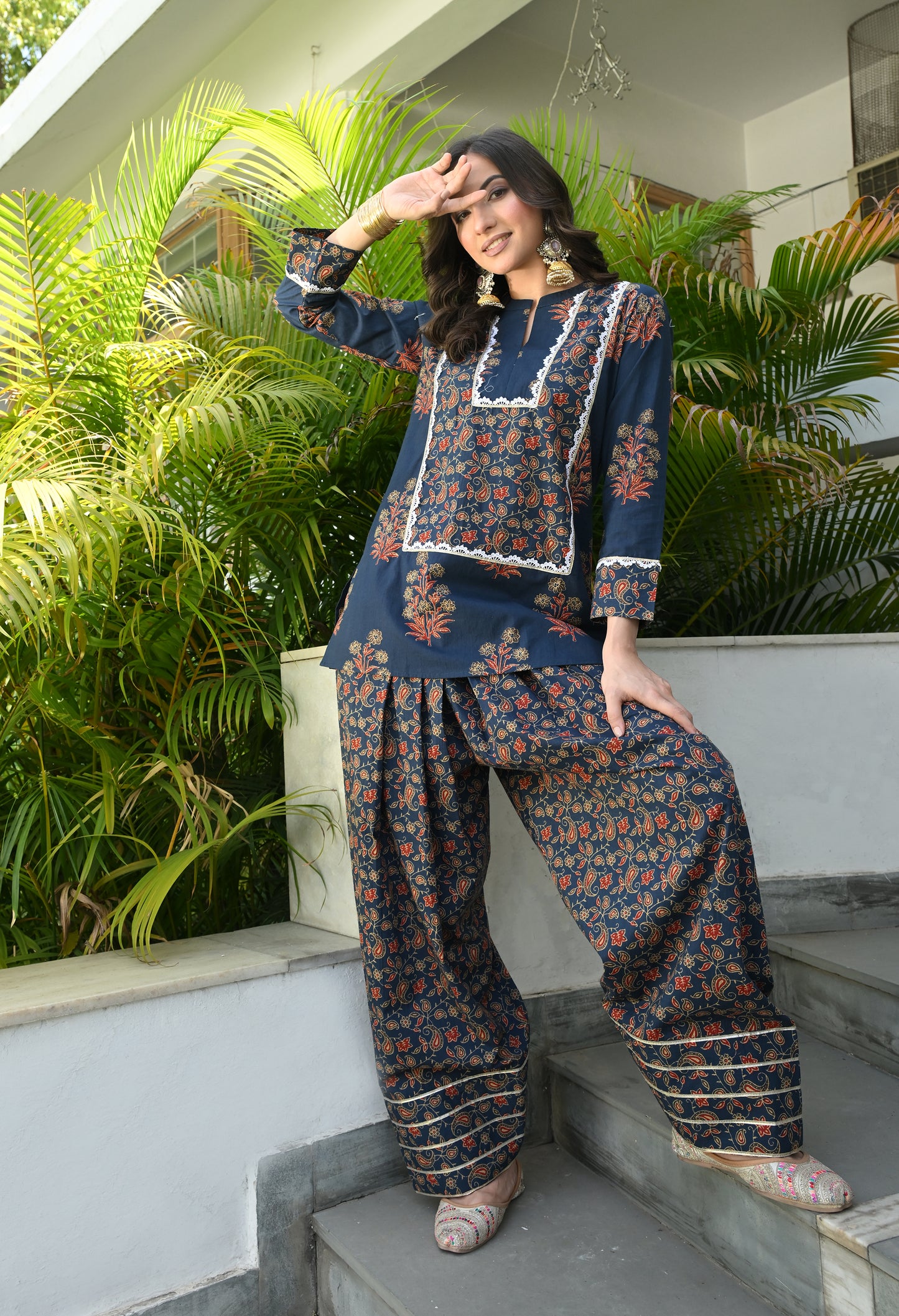 Ajrakh Blue Hand-Block Printed Cotton Co-ord Set – Farshi Salwar Ethnic Wear