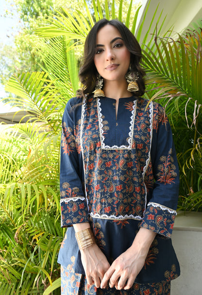 Ajrakh Blue Hand-Block Printed Cotton Co-ord Set – Farshi Salwar Ethnic Wear