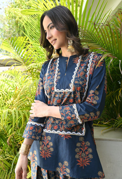 Ajrakh Blue Hand-Block Printed Cotton Co-ord Set – Farshi Salwar Ethnic Wear