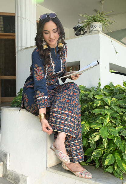 Ajrakh Blue Hand-Block Printed Cotton Co-ord Set – Farshi Salwar Ethnic Wear