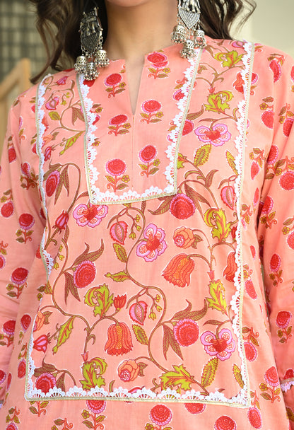 Peach Floral Hand-Block Cotton Co-ord Set – Farshi Salwar Ethnic Wear