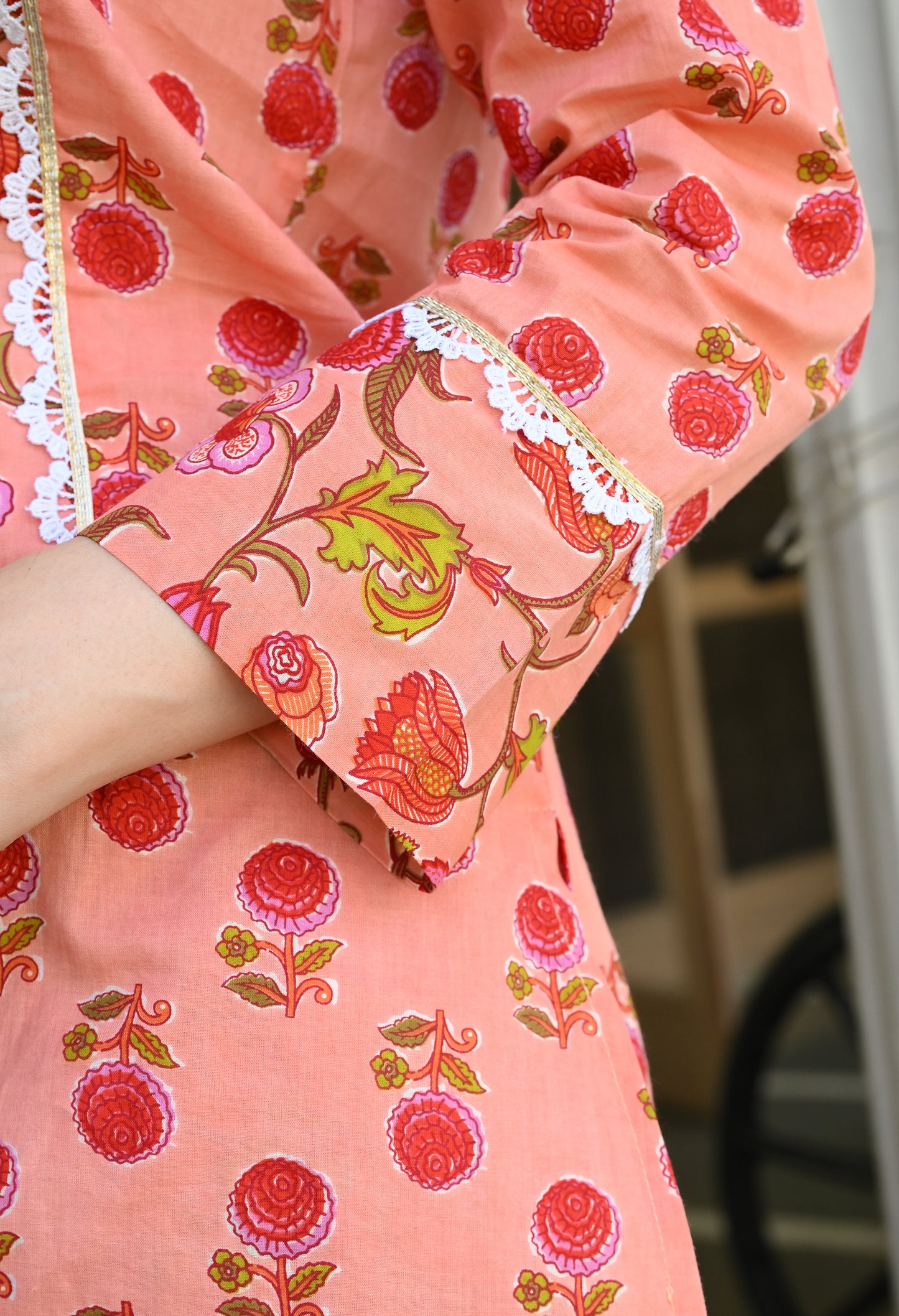 Peach Floral Hand-Block Cotton Co-ord Set – Farshi Salwar Ethnic Wear
