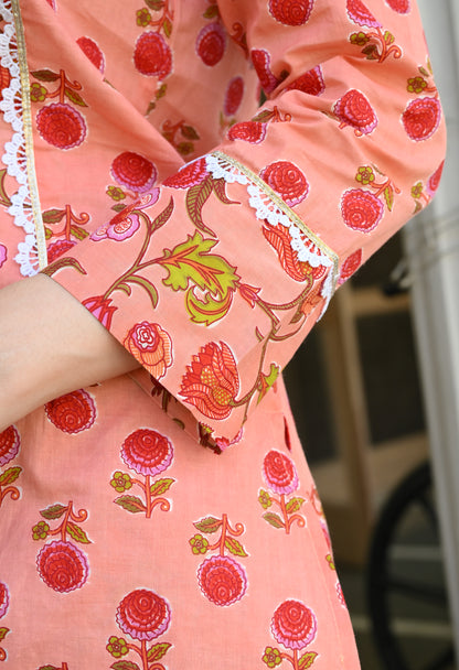 Peach Floral Hand-Block Cotton Co-ord Set – Farshi Salwar Ethnic Wear
