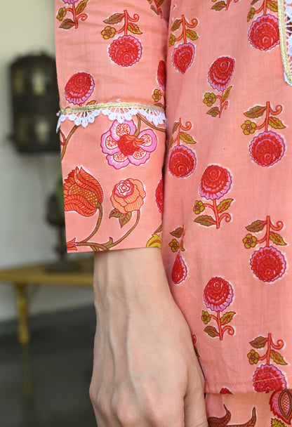 Peach Floral Hand-Block Cotton Co-ord Set – Farshi Salwar Ethnic Wear