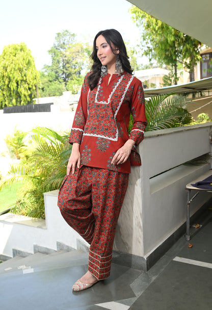 Ajrakh Red Hand-Block Printed Cotton Co-ord Set – Farshi Salwar Ethnic Wear