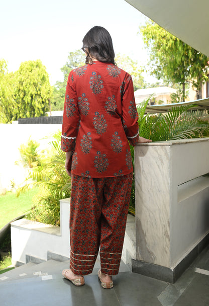 Ajrakh Red Hand-Block Printed Cotton Co-ord Set – Farshi Salwar Ethnic Wear