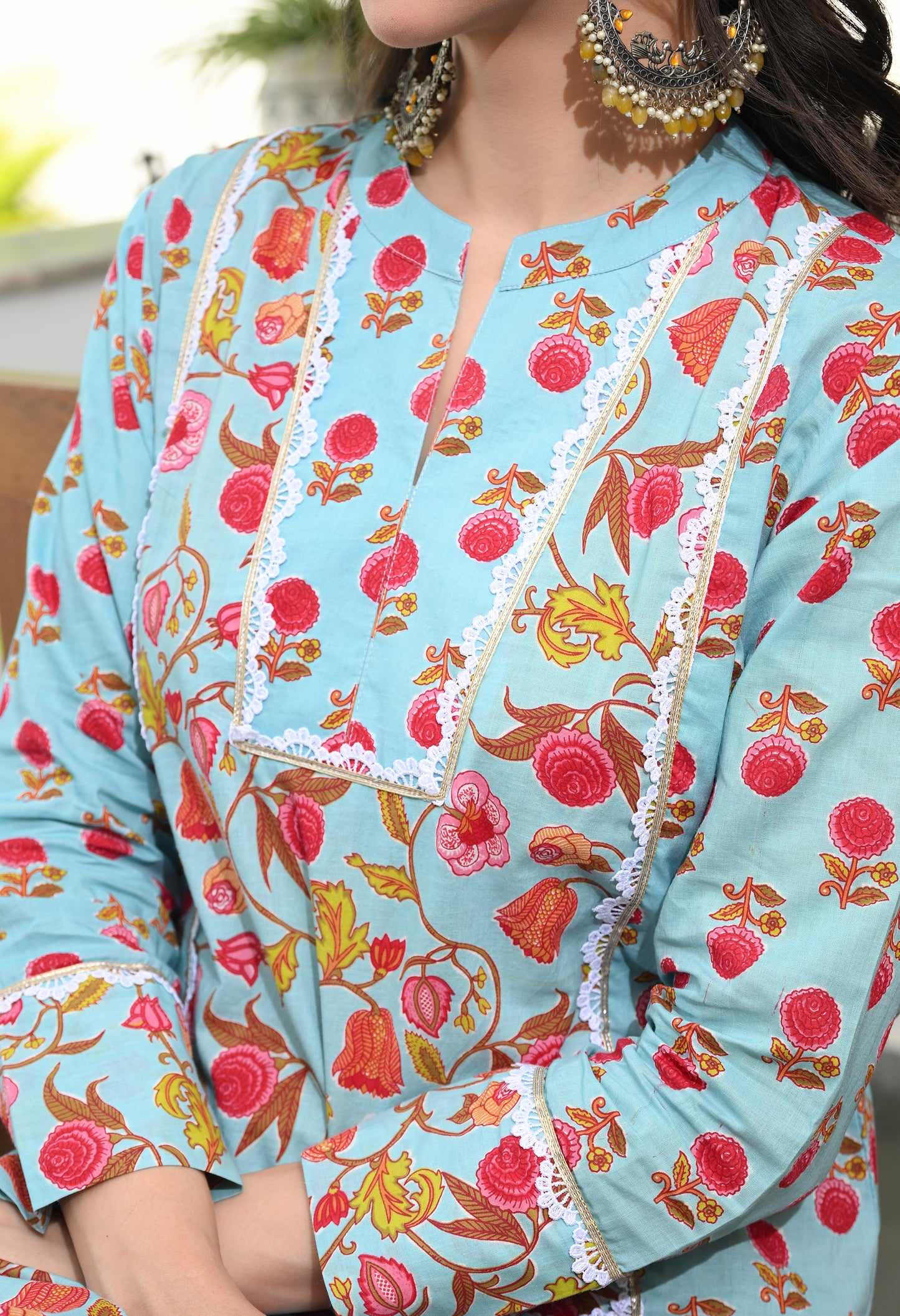 Light Blue Floral Hand-Block Cotton Co-ord Set – Farshi Salwar Ethnic Wear
