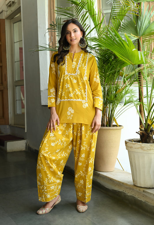 Mustard Yellow Floral Printed Cotton Co-ord Set – Farshi Salwar Ethnic Wear