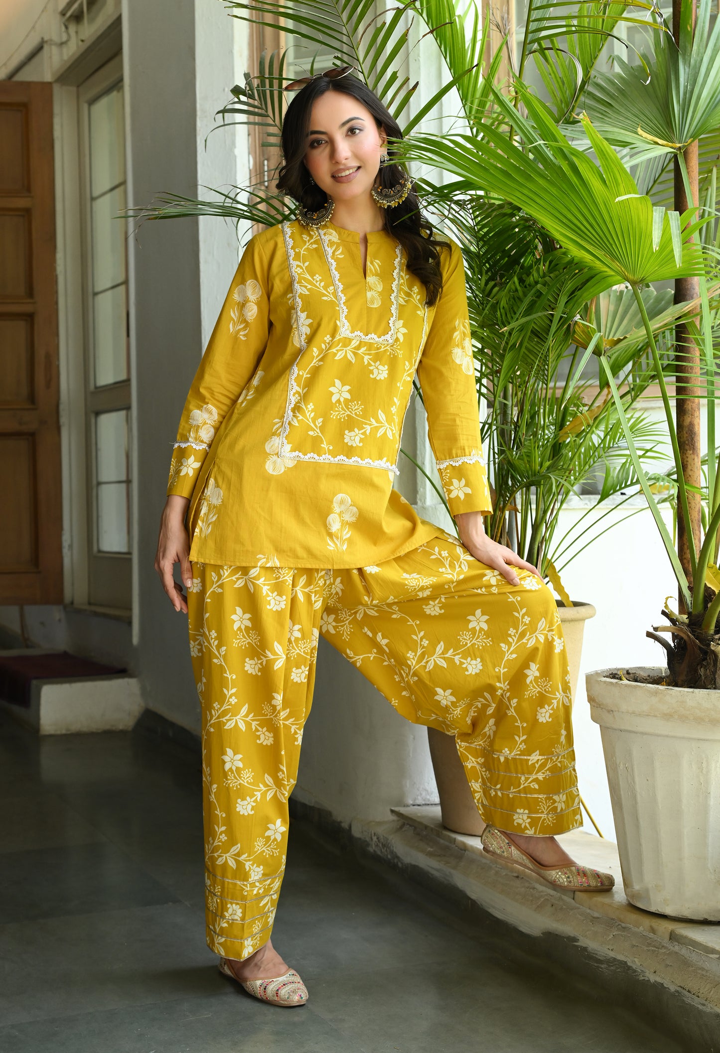 Mustard Yellow Floral Printed Cotton Co-ord Set – Farshi Salwar Ethnic Wear