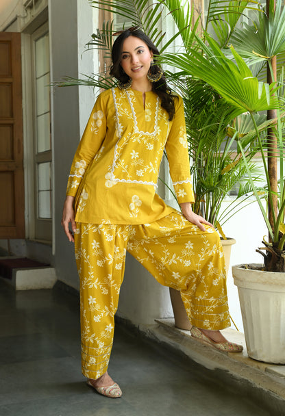 Mustard Yellow Floral Printed Cotton Co-ord Set – Farshi Salwar Ethnic Wear