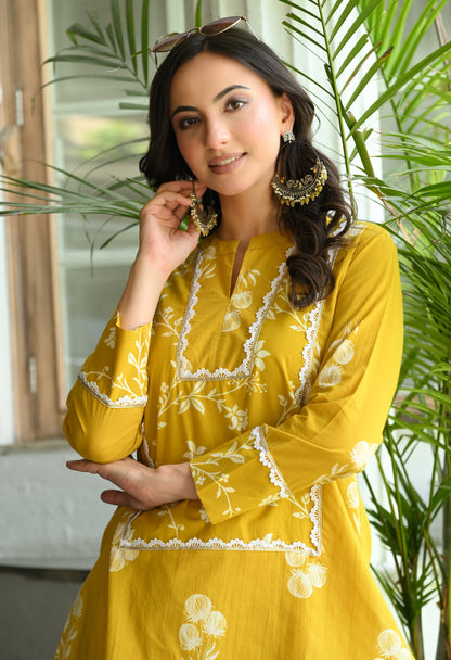 Mustard Yellow Floral Printed Cotton Co-ord Set – Farshi Salwar Ethnic Wear