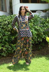 Indigo Blue Floral Hand-Block Cotton Co-ord Set – Farshi Salwar Ethnic Wear