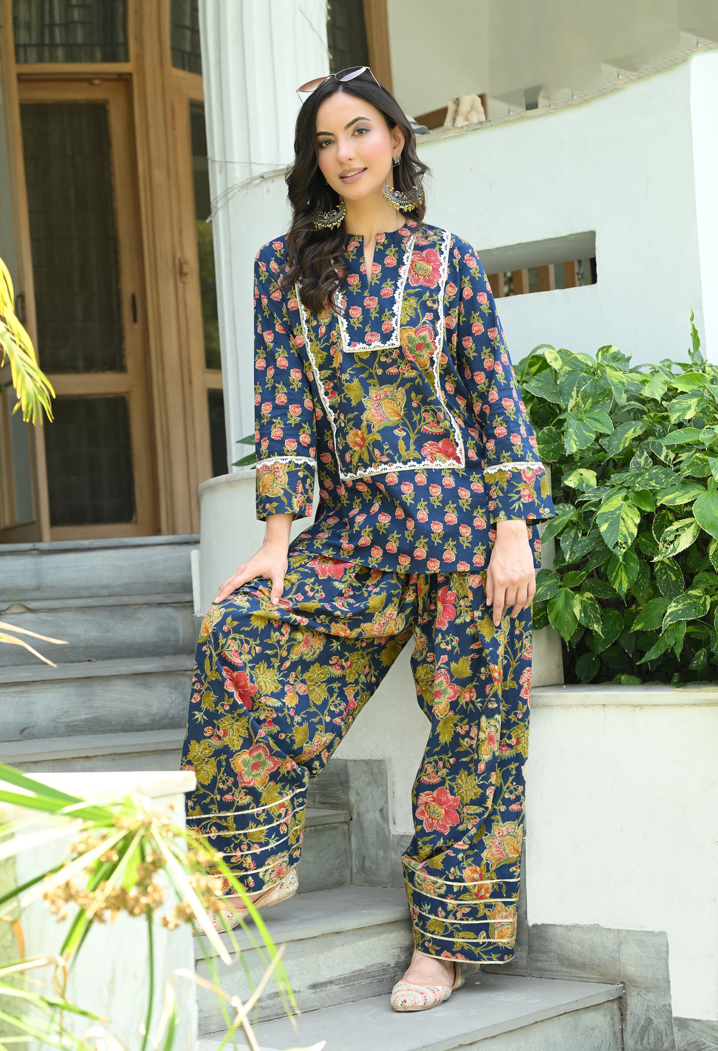 Indigo Blue Floral Hand-Block Cotton Co-ord Set – Farshi Salwar Ethnic Wear