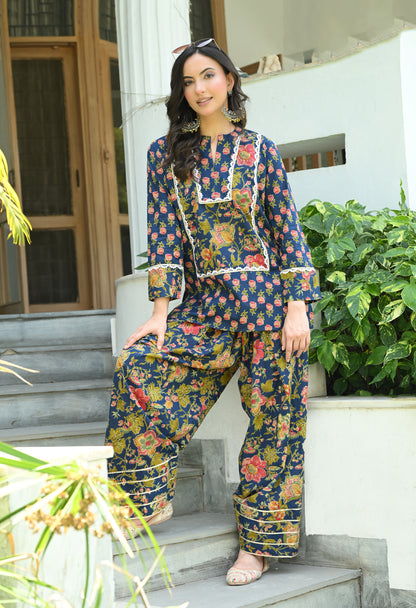 Indigo Blue Floral Hand-Block Cotton Co-ord Set – Farshi Salwar Ethnic Wear