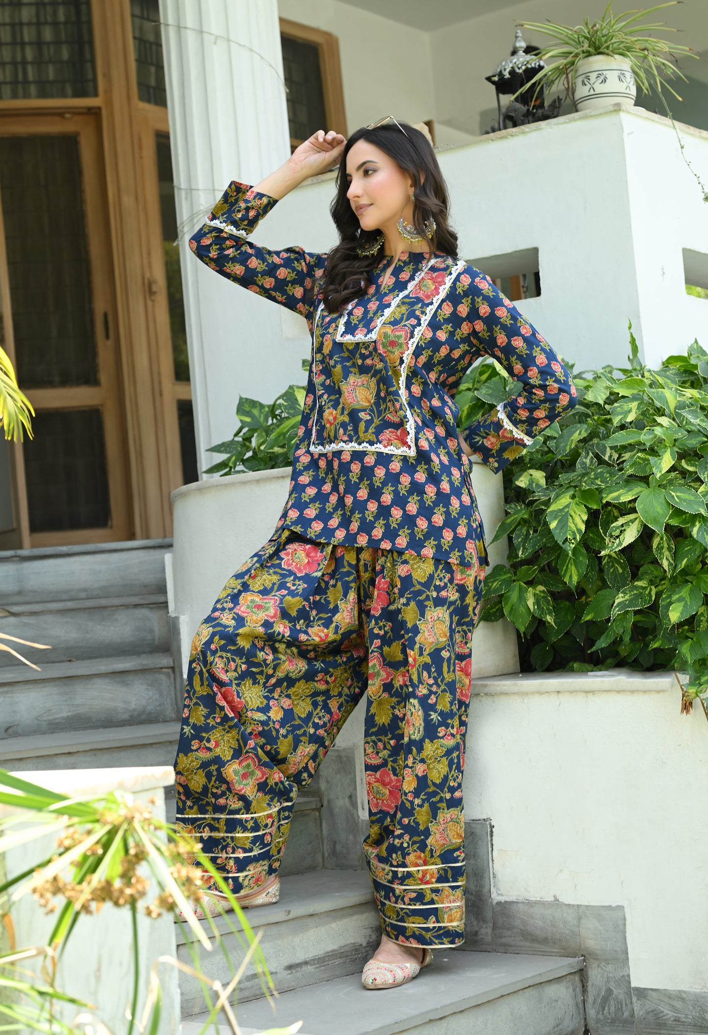Indigo Blue Floral Hand-Block Cotton Co-ord Set – Farshi Salwar Ethnic Wear