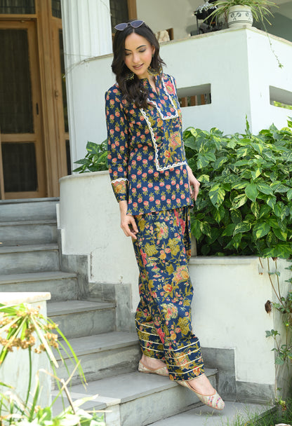 Indigo Blue Floral Hand-Block Cotton Co-ord Set – Farshi Salwar Ethnic Wear