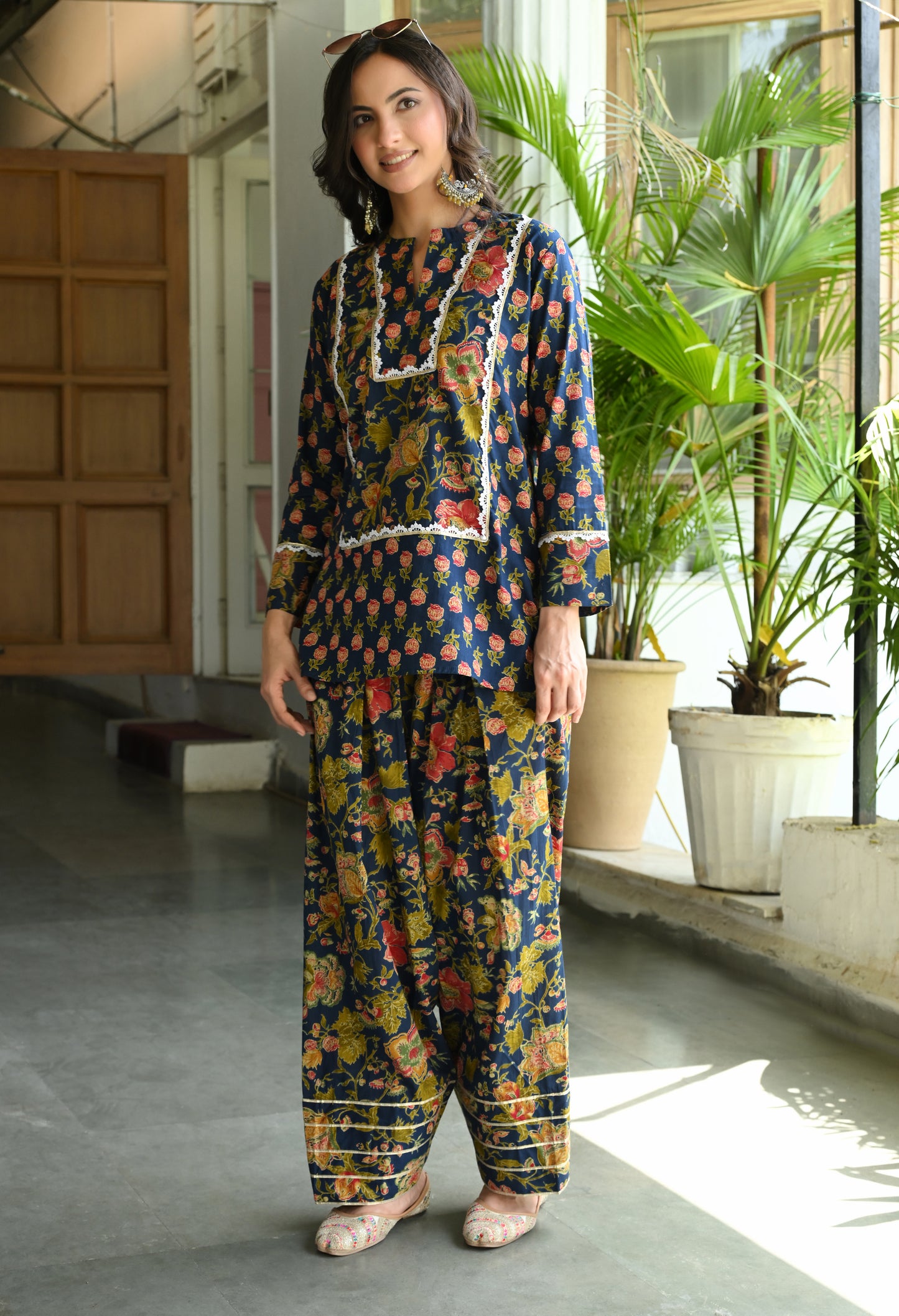 Indigo Blue Floral Hand-Block Cotton Co-ord Set – Farshi Salwar Ethnic Wear